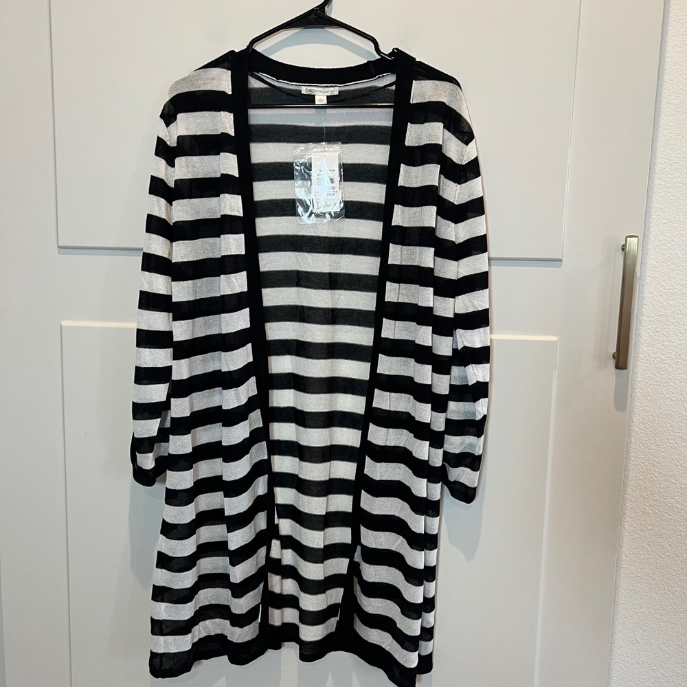 Cato Black White‎ Striped Duster Cardigan Women's L Lightweight Roll Tab Sleeve